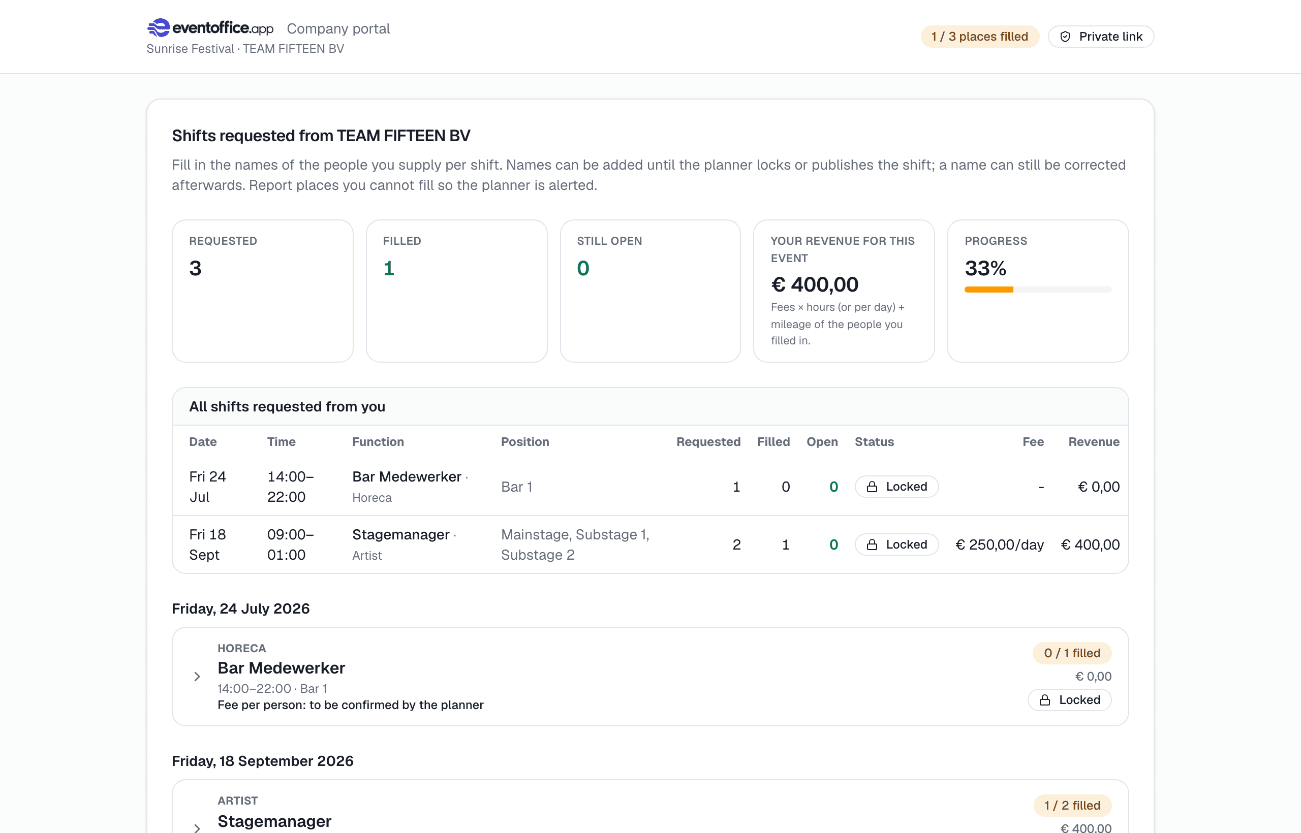 Het portaal van een leverancier: de diensten die de organisator bij dit bedrijf heeft aangevraagd, met per dienst datum, tijd, functie, aantal gevraagd, ingevuld en open, en de status vergrendeld of open.